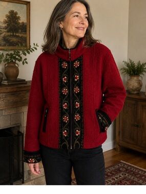 Icelandic Design Red Wool Embroidered Floral Jacket Size Medium